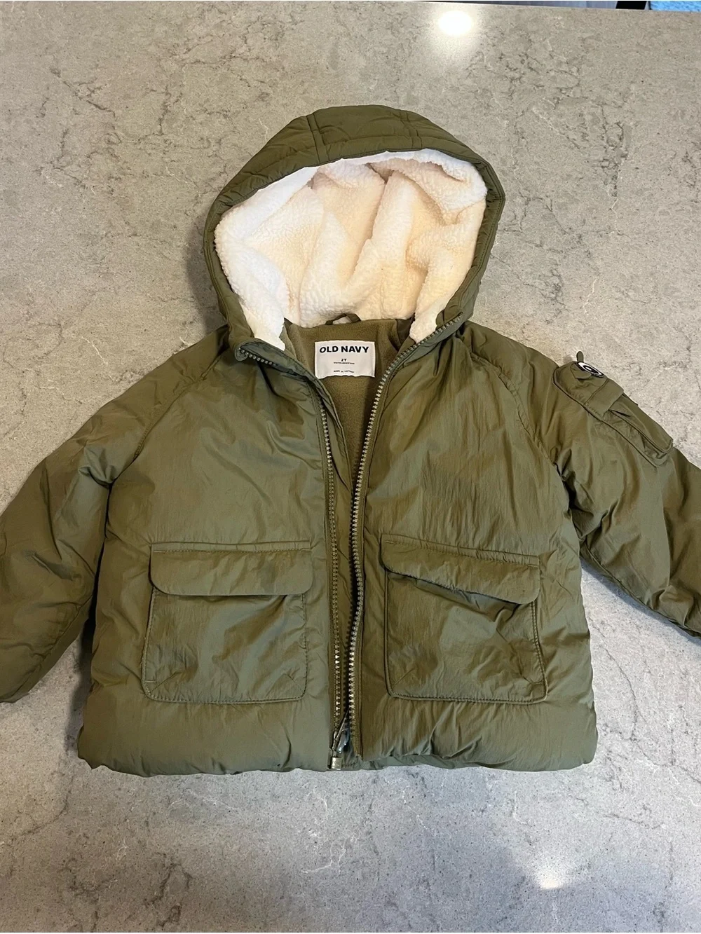 Old Navy Kids Olive Hooded Puffer Jacket with Cream Sherpa Lining